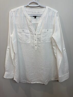 Talbots Women White Linen Popover Shirt Size M Roll Tab Sleeve Beachy Coastal